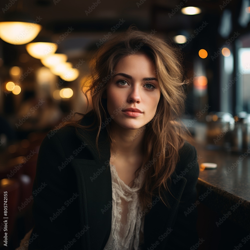 Thoughtful young woman in city at night