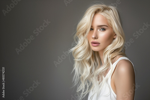 Golden Glow  Captivating Portrait of a Woman with Lustrous Blonde Hair - Glamour  Fashion  Natural Beauty - Clean composition  Ample negative space