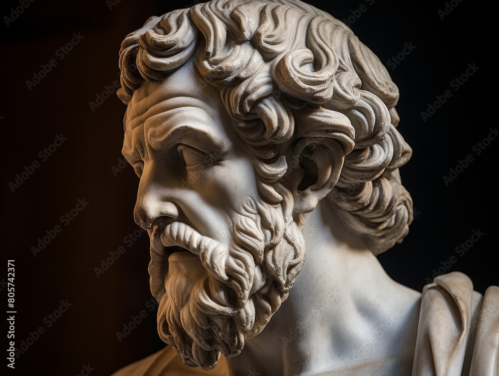 Detailed sculpture of a man's face with intricate curling hair