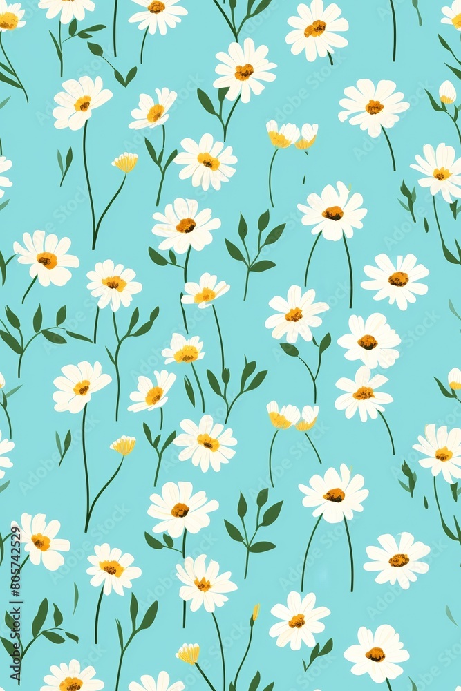 A seamless pattern of white and yellow daisies on a blue background.