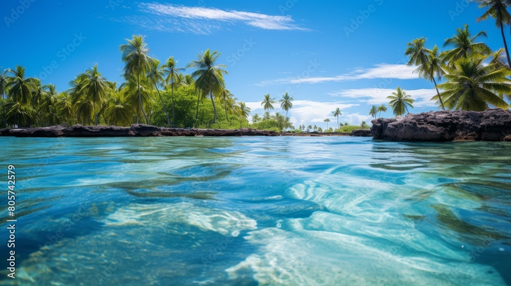 Tropical paradise with crystal clear waters and lush palm trees Tropical paradise with crystal clear waters and lush palm trees
