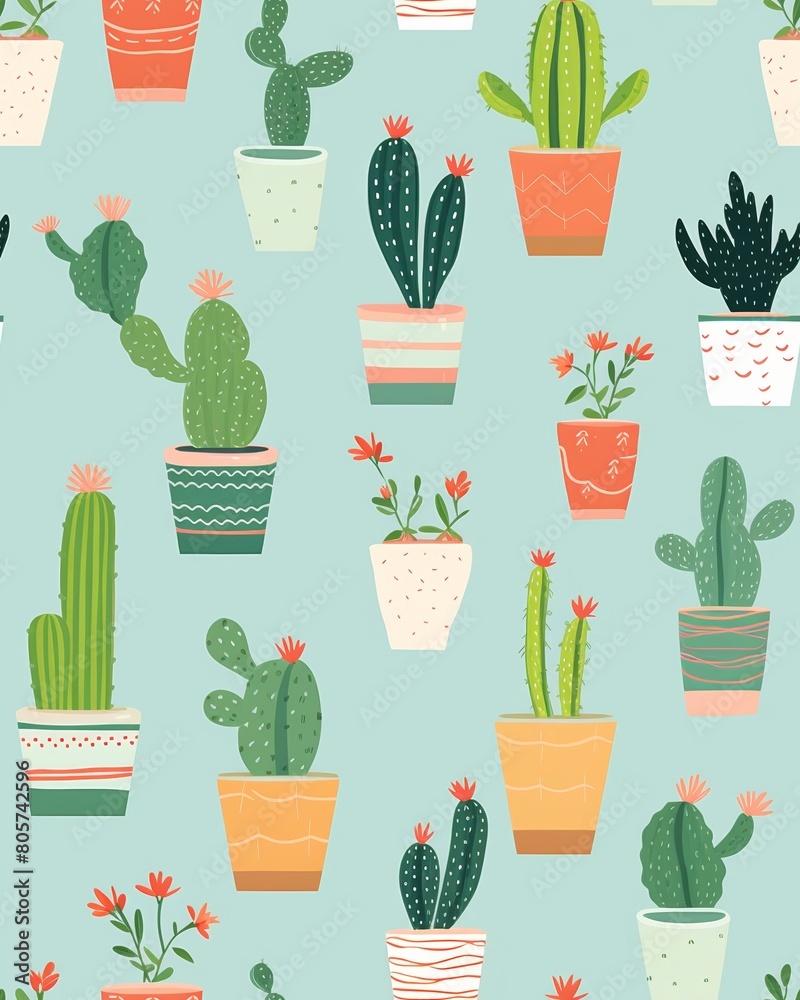 A seamless pattern with cute cartoon cacti in pots. The cacti are of different shapes and sizes, with some having flowers. The pots are colorful and have different patterns. The background is a light A seamless pattern with cute cartoon cacti in pots. The cacti are of different shapes and sizes, with some having flowers. The pots are colorful and have different patterns. The background is a light
