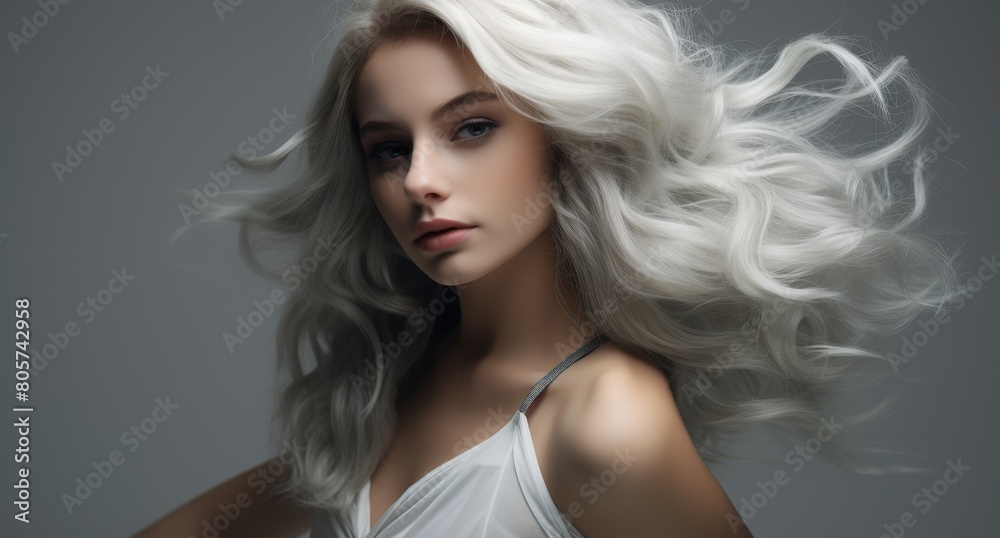 Dramatic portrait of a woman with flowing white hair