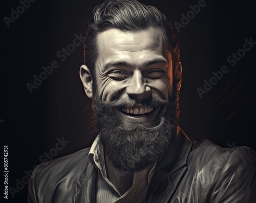 Smiling bearded man in dark clothing