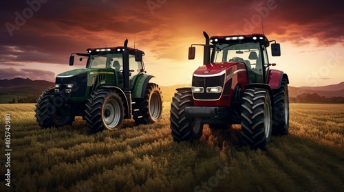 Powerful tractors working in a golden wheat field at sunset