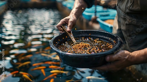 An unrecognized person hold a bowl of pellet feed for fish with a blurry backdrop and big space for text or product advertisement background, Generative AI. photo