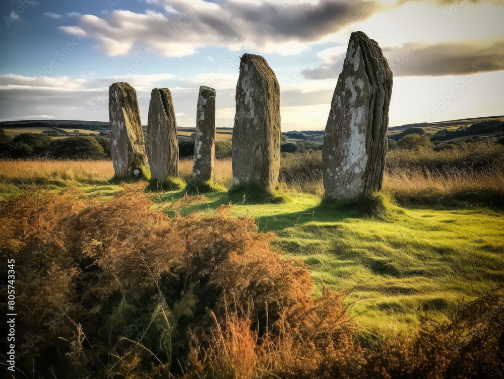 ancient stone monoliths in a scenic countryside landscape
