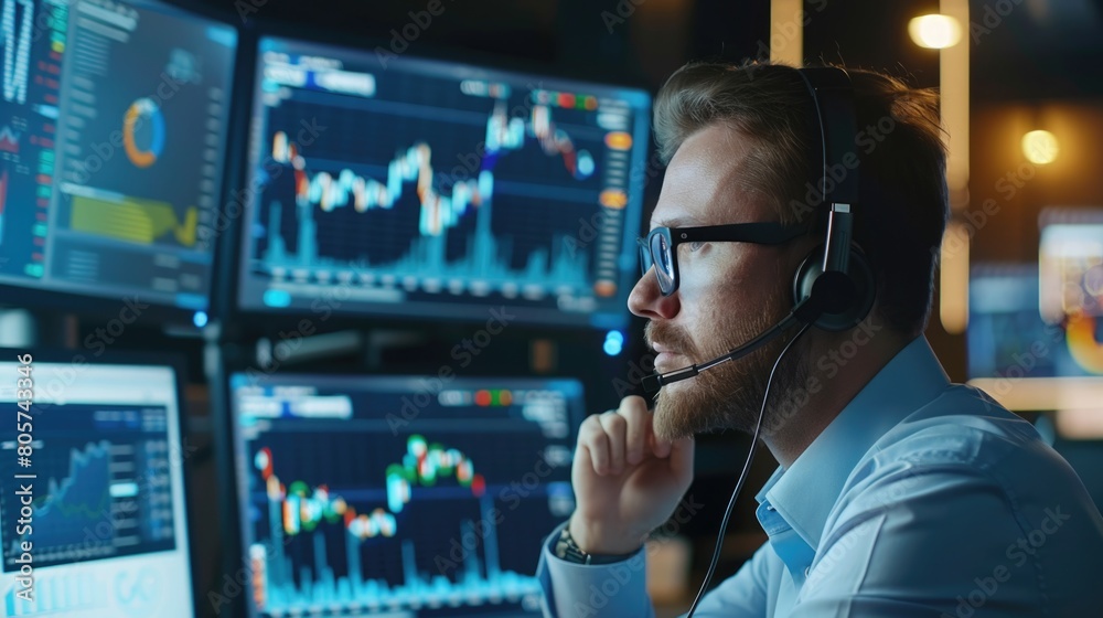Financial analyst working at a desktop computer with graphs on multiple monitors. Financial analyst working at a desktop computer with graphs on multiple monitors.