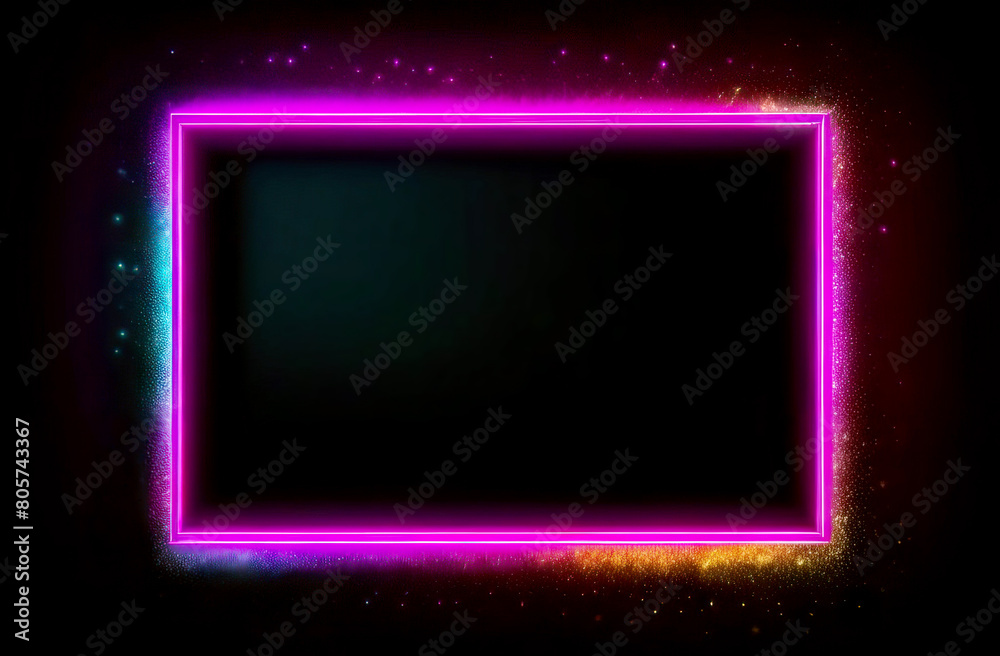 Obraz premium Exciting composition with shining neon frame on black background awaits your text for birthdays, holidays or promotions