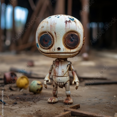 Creepy vintage-style toy figure in abandoned setting