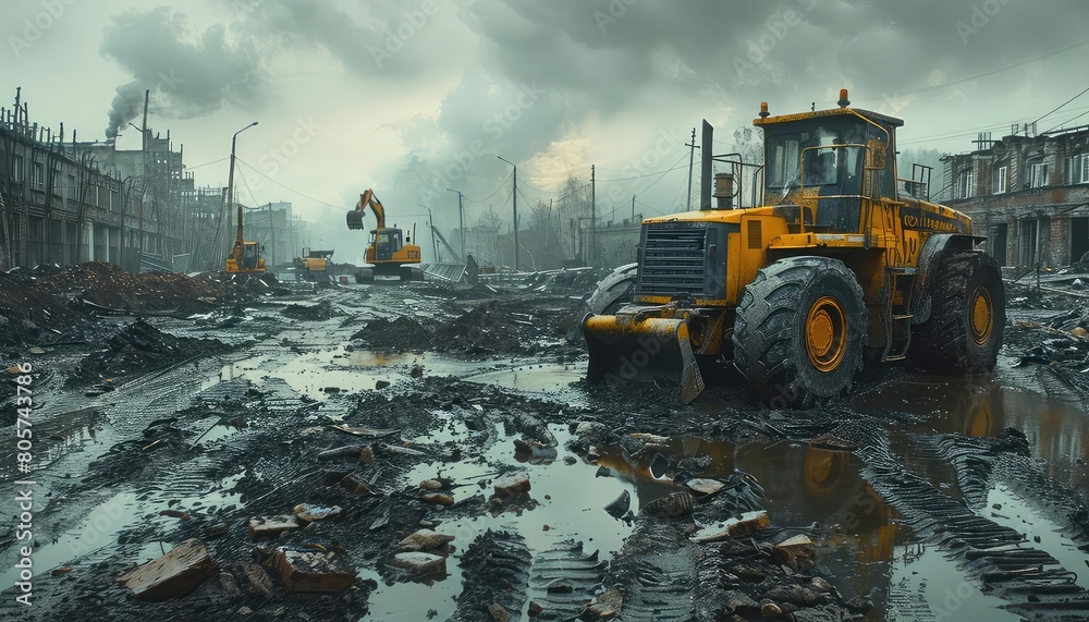 A lone bulldozer sits in a destroyed city