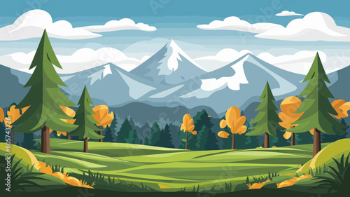 Autumn Landscape with  Sky Trees and Mountains	- Colorful Vector Art