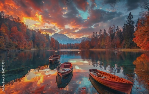 Amazing views on the Fusine side of the lake. Fairytale lake landscape image with boats on the water and colorful sky. A very stunning autumn view