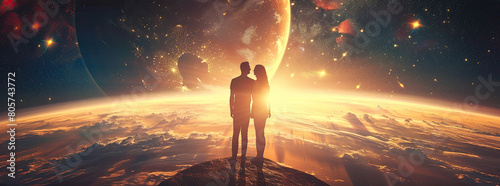 Couple in outer space enjoying the view of the sun photo