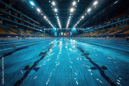 An Olympic-sized swimming pool is filled with crystal clear water. The pool is surrounded by empty stands. The water is still and inviting. photo