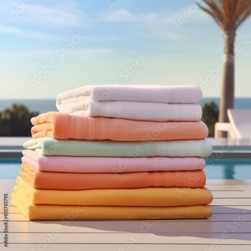colorful towels stacked on wooden table by pool
