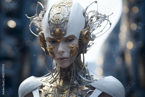 Futuristic cyborg woman with intricate metallic headpiece