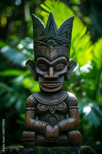 Ornate wooden tiki statue in lush tropical foliage