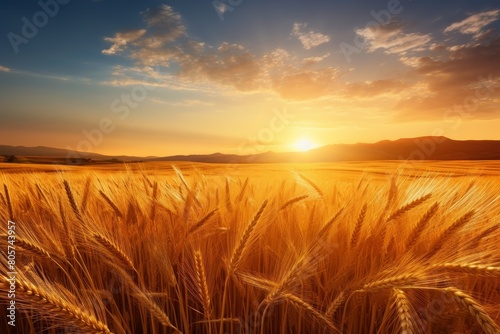 Scenic sunset over golden wheat field