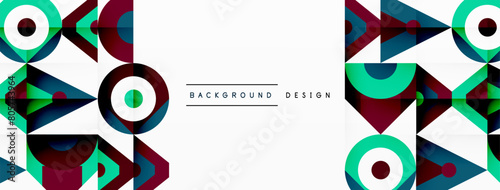 A vibrant geometric pattern featuring electric blue circles, triangles, and rectangles in a symmetrical design on a white background. This graphic logo symbolizes modernity and creativity