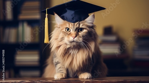 Adorable cat wearing graduation cap