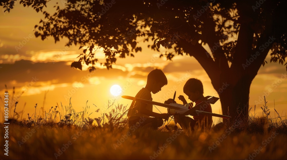 Two friends are sitting on a hilltop at sunset, enjoying the view and each other's company.