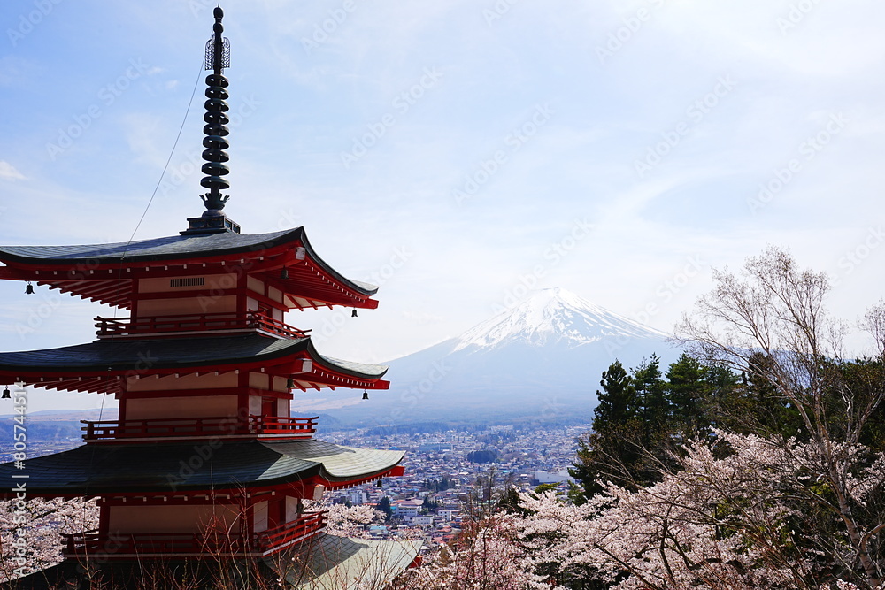Mt. Fuji with Cherry Blossom and or Pink Sakura Flower and Five-story Pagoda over Blue Sky in Yamanashi, Japan - 日本 山梨県 新倉山浅間公園 春の桜 富士山 五重塔
