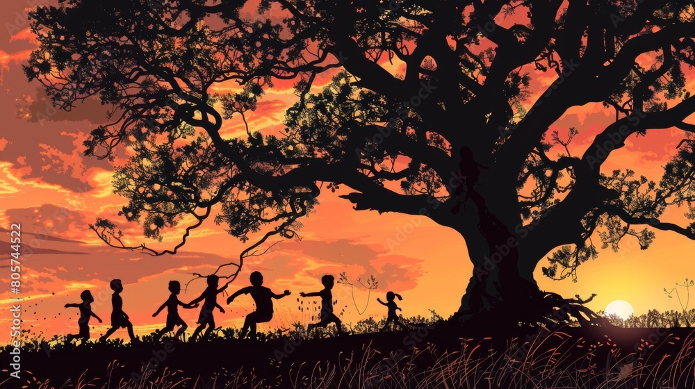 The silhouette of children running and playing under a large tree at sunset is a beautiful and iconic image