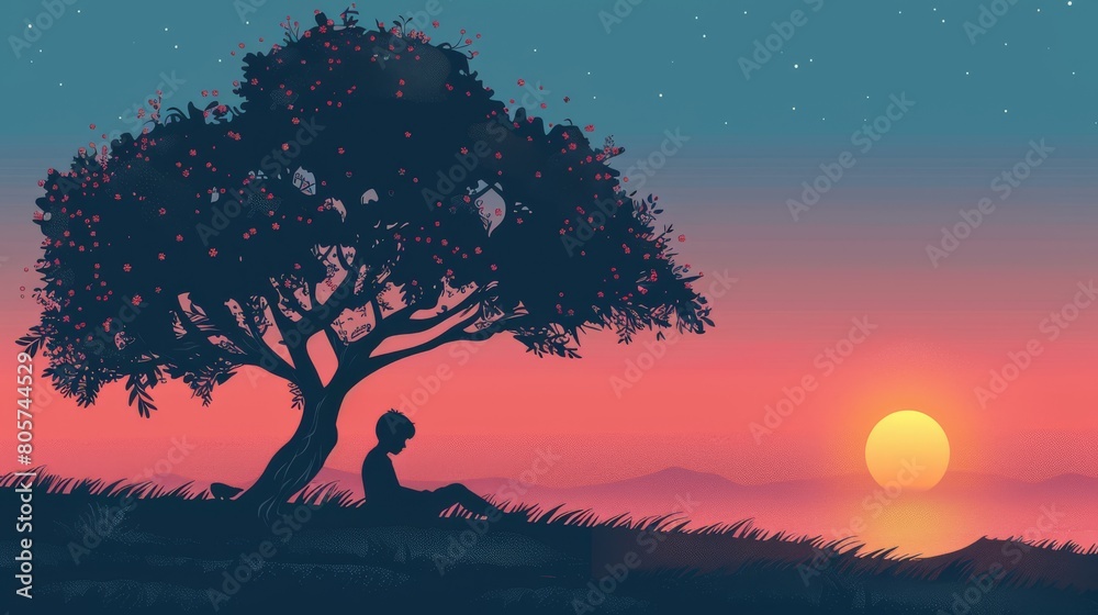 The setting sun casts a warm glow on a young boy as he sits beneath a tree, lost in thought.