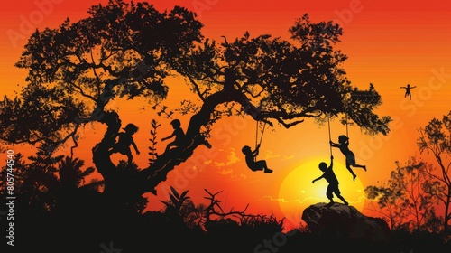 The silhouettes of children playing on a swing set and climbing a tree at sunset.