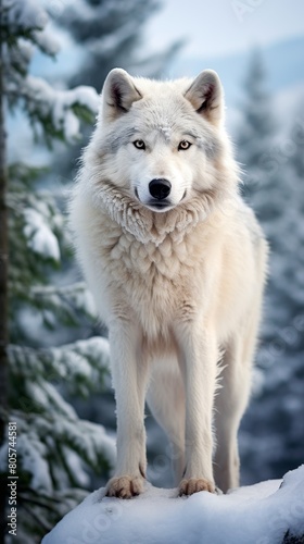 Majestic white wolf in snowy forest