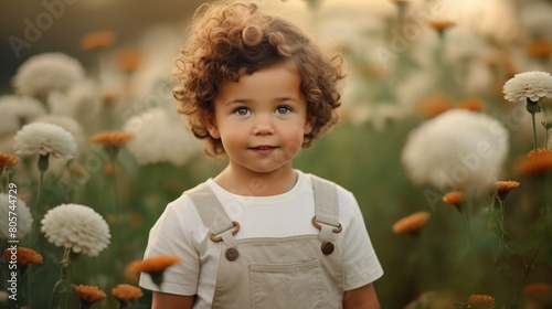 Cute curly-haired child in a field of flowers