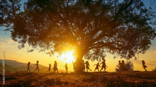 The photo shows a group of children playing in a field at sunset with a large tree in the background.