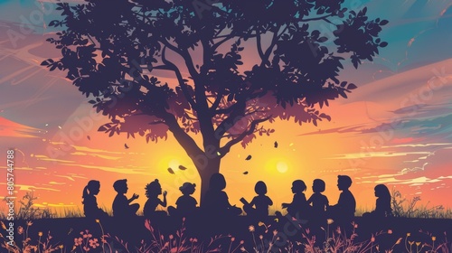 The image shows a group of diverse children sitting in a circle under a tree at sunset
