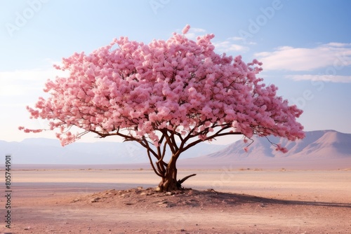 Vibrant pink cherry blossom tree in desert landscape © Balaraw