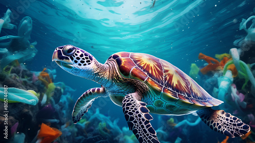 a turtle swimming is swimming in a blue sea underwater marine life oceanic day blue background