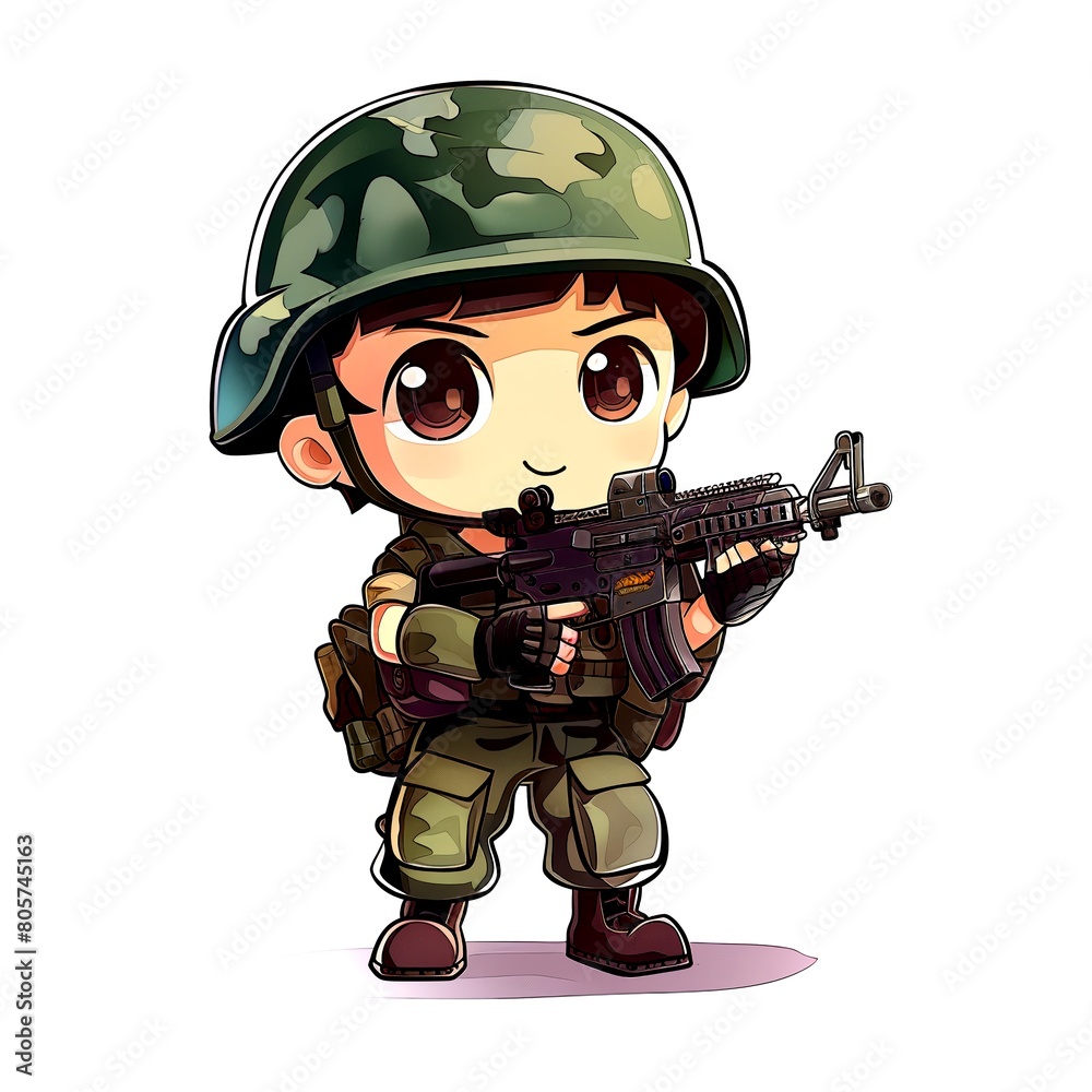 Little cartoon soldier. Tactical soldier. Sticker Clipart. AI generated.