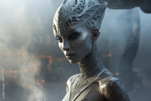 futuristic female cyborg with intricate headpiece