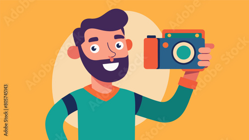 A proud artist holding up a vintage camera found at a thrift store excited to experiment with its unique lens for their next photography project.. Vector illustration