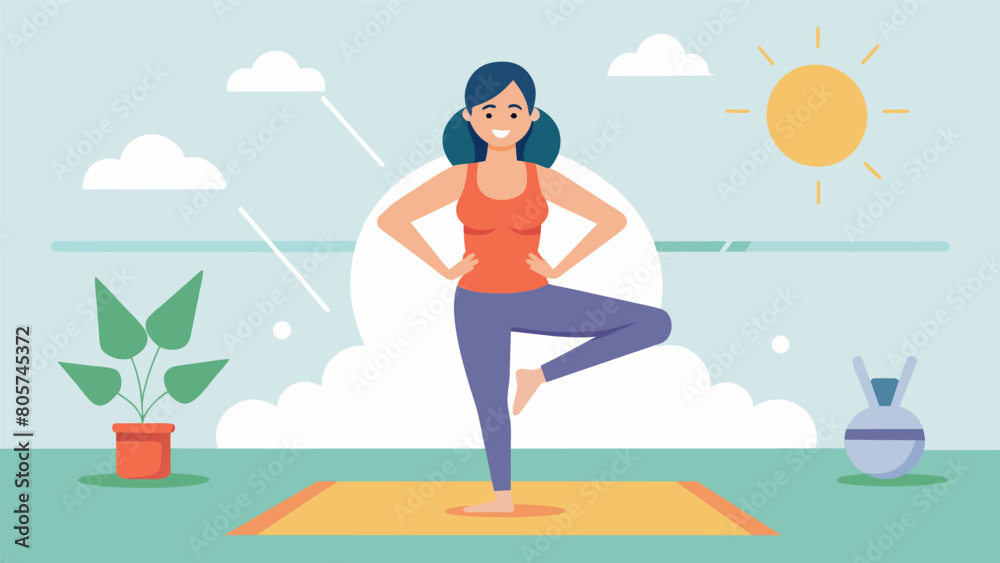 A woman with chronic migraines standing tall and steady focused on her breath while practicing balancing poses during a yoga class specifically. Vector illustration