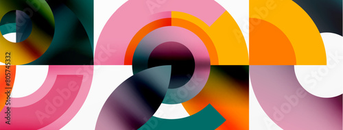A visually striking geometric pattern featuring colorful circles and squares in shades of magenta and other tints, set against a white background, creating symmetry and artistry