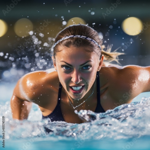 Determined swimmer splashing in pool