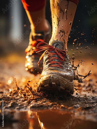 A closeup of an athletes foot kicking up mud during a rainy crosscountry race photo