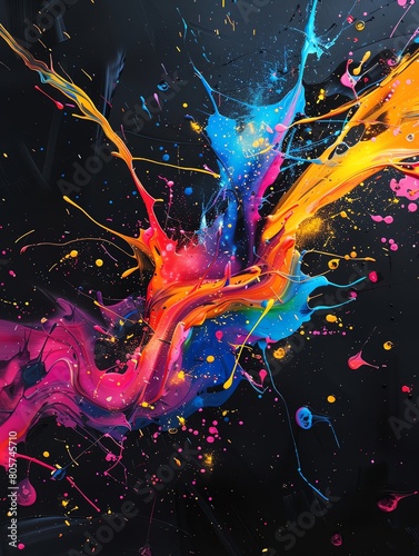 A dynamic splash of neon colors on a black background  creating a lively and energetic atmosphere