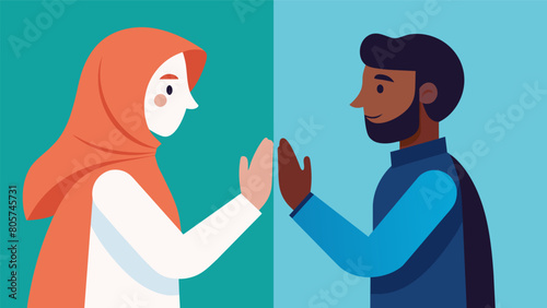 Two strangers from different backgrounds come together in a gesture of forgiveness putting aside their differences and finding common ground.. Vector illustration