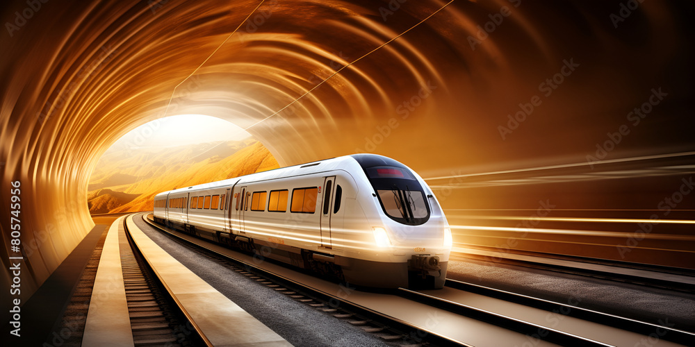 Train rushing through a tunnel with motion railroad journey on a lighted background
