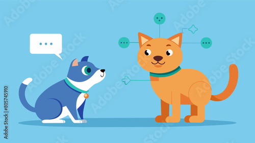 An animated gif of a dog wagging its tail and a cat purring with a caption explaining how the software can decipher subtle behavioral cues to. Vector illustration