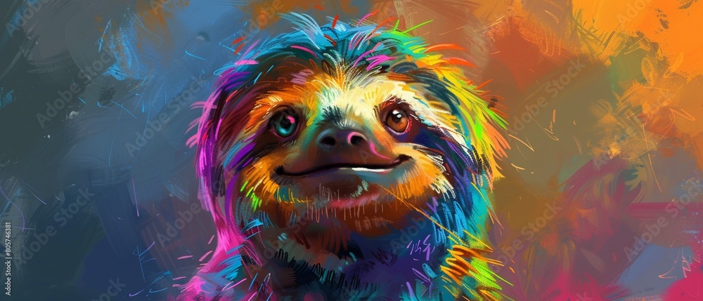 Digital painting showcasing a humorous, overweight sloth, rendered in vibrant colors, radiating cuteness and a slowmoving fun