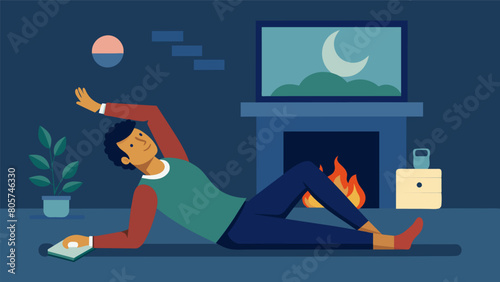 A tired worker unwinding from a long day lying on the floor and stretching their arms overhead in front of the fireplace before heading to bed.. Vector illustration