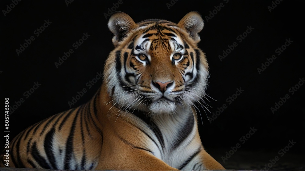 Close up of tiger on black background with copy space for text.